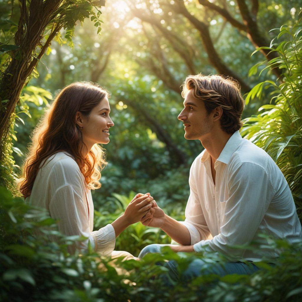 A warm and inviting scene depicting two people engaged in a deep conversation, surrounded by lush greenery symbolizing growth and connection. The background features soft light filtering through trees, evoking a peaceful atmosphere. Include visual elements representing emotions, like colorful wisps or gentle waves around them. The scene conveys intimacy and understanding. super-realistic. vibrant colors. soft focus.