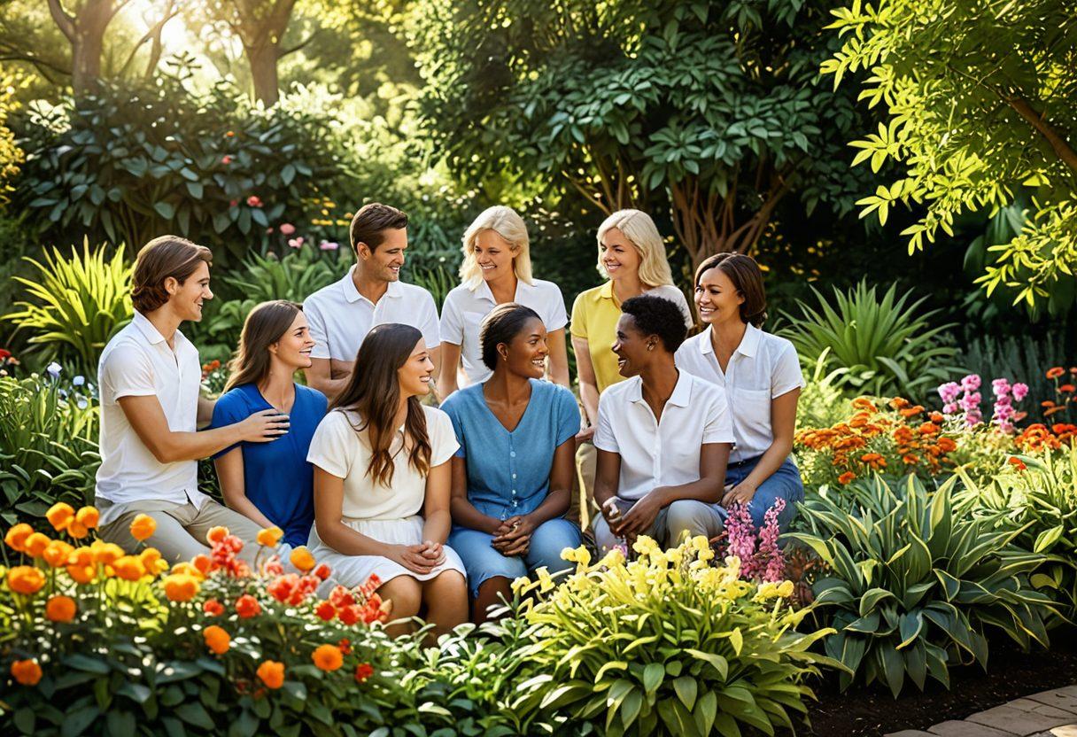 A vibrant scene depicting a diverse group of people sharing heartfelt moments in a lush garden, showing trust and affection through gestures, like hugs and laughter. Include flowering plants symbolizing growth, with warm sunlight filtering through the leaves, creating a nurturing atmosphere. Add subtle emotional expressions that convey connection and support among individuals. super-realistic. vibrant colors. harmony and warmth.