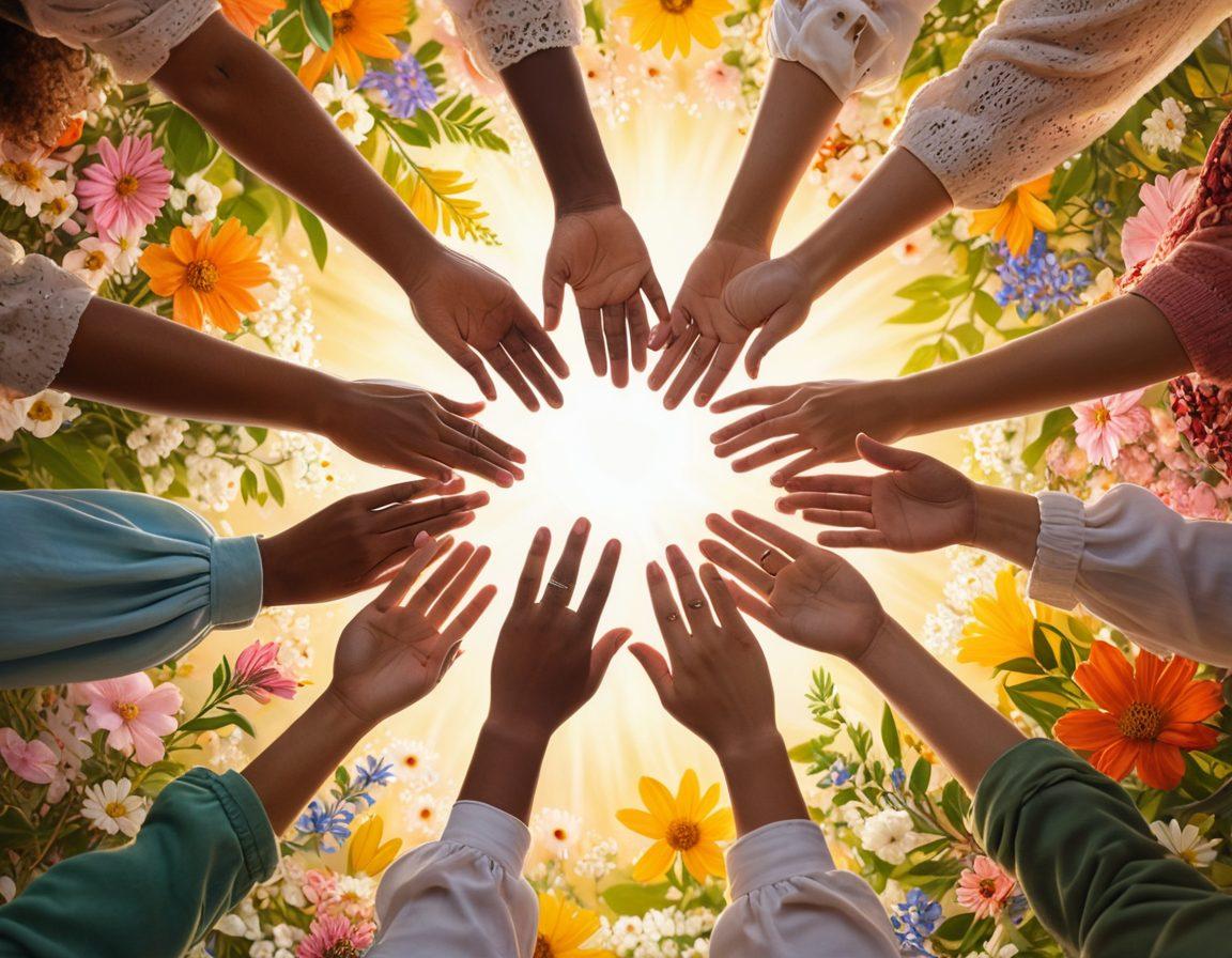 A serene scene depicting a diverse group of people sitting in a circle, sharing heartfelt moments of support and kindness, surrounded by blooming flowers and warm sunlight. Gentle hands reaching out to one another symbolize compassion and connection, with subtle imagery of hearts representing self-love. The background features soft pastel hues to evoke a sense of warmth and safety. whimsical art style. vibrant colors.